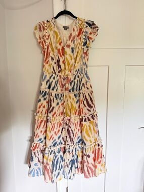 J Crew Point Sur Multicolor Ikat Tiered Midi Dress with Pom Trim